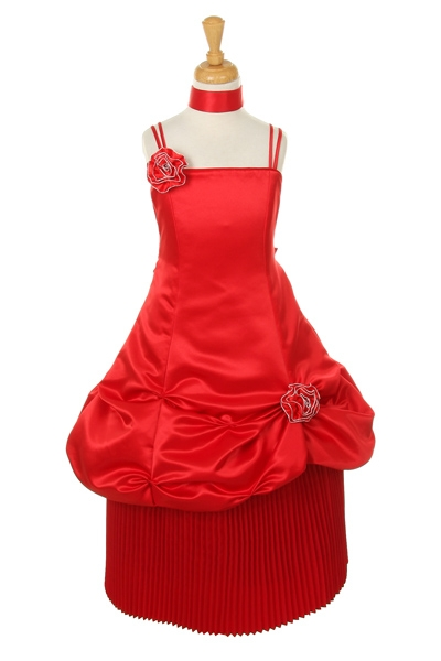 red long dress with accordion pleated hemline